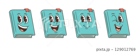 Friendly Light Blue Cartoon Book Mascots With Various Expressions And Red Bookmark Vector Illustration 129012769