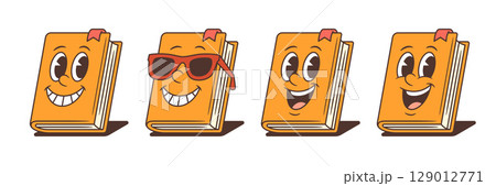 Cheerful Orange Book Mascots With Red Bookmarks Expressive Faces And Fun Poses Vector Illustration 129012771