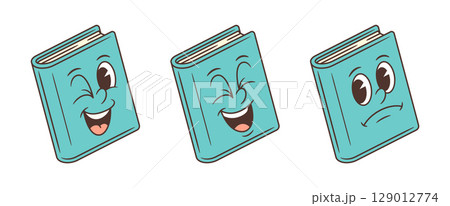 Playful Light Blue Book Mascots Showing Winking Happy Laughing And Sad Expressions Vector Illustration 129012774