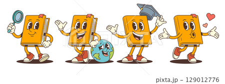 Funny Cartoon Book Mascot Character Set With Various Educational Emotions And Actions Vector Illustration 129012776