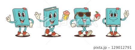 Blue Cartoon Book Mascot Holding Ice Cream Apple Pointing Finger Showing Victory Vector Illustration Blue Cartoon Book Mascot Holding Ice Cream Apple Pointing Finger Showing Victory Vector Illustration 129012791