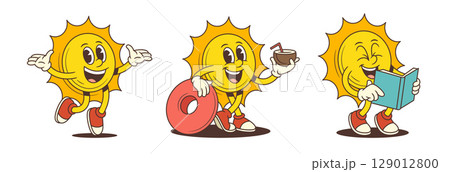 Playful Cartoon Sun Mascot Walking Reading and Holding Donut in Summer Mood Vector Illustration 129012800