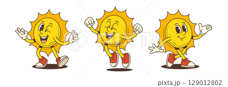 Joyful Cartoon Sun Mascot Jumping Waving and Making Gestures with Cheerful Energy Vector Illustration Joyful Cartoon Sun Mascot Jumping Waving and Making Gestures with Cheerful Energy Vector Illustration 129012802