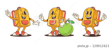 Cheerful Cartoon School Backpack Mascot Waving Smiling Walking With Apple Character Vector Illustration 129012821