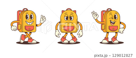Cheerful School Backpack Character Mascot in Three Emotional Poses Vector Illustration 129012827