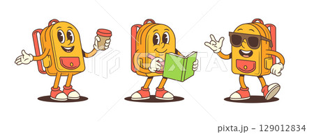 Cheerful School Backpack Mascot Characters with Books Coffee and Cool Poses Vector Illustration 129012834