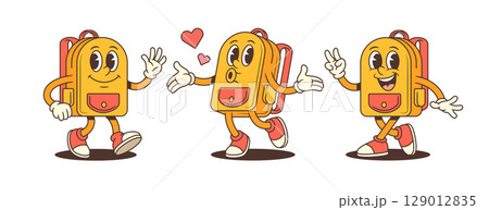 Happy School Backpack Mascot Characters with Hearts Peace and Smiling Faces Vector Illustration 129012835