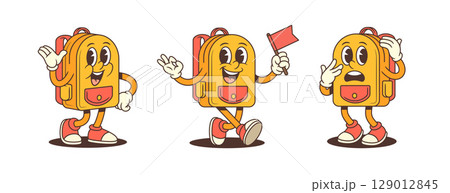 Cheerful Friendly Animated School Backpack Mascots With Expressive Gestures And Dynamic Poses Vector Illustration 129012845