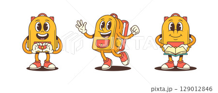 Cheerful Playful Animated School Backpack Mascots Showing Love Energy And Learning Vector Illustration 129012846