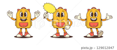 Friendly Energetic Animated School Backpack Mascots With Expressive Faces And Dynamic Poses Vector Illustration 129012847