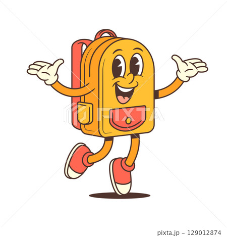 Joyful Backpack Mascot Dancing with Outstretched Arms and Excited Expression Vector Illustration 129012874