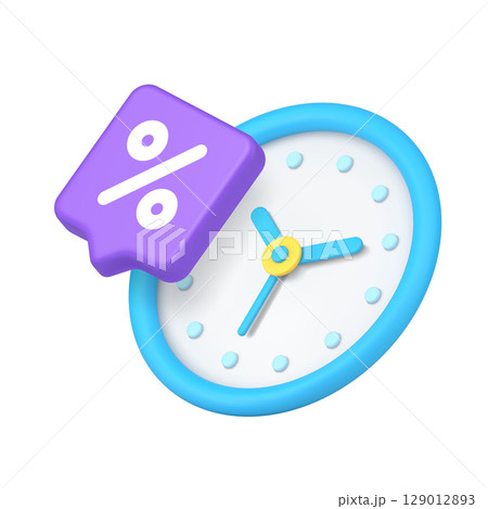 Vibrant Blue Clock With Purple Percent Symbol Representing Time Management And Discounts 3d Icon 129012893