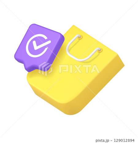 Vibrant Purple Checkmark And Bright Yellow Shopping Bag Symbolizing Approval Purchase 3d Icon Vibrant Purple Checkmark And Bright Yellow Shopping Bag Symbolizing Approval Purchase 3d Icon 129012894