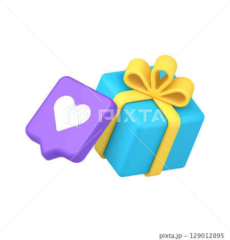 Bright Blue Gift Box With Yellow Ribbon And Purple Favorites Icon For Sales Promotion 3d Icon 129012895