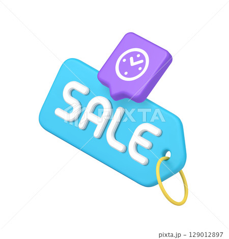 Blue Tag With Bold White Sale Text And Purple Clock Icon Representing Time Limited Promotions Blue Tag With Bold White Sale Text And Purple Clock Icon Representing Time Limited Promotions 129012897