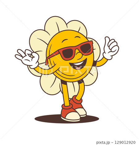 Retro Flower Character With Sunglasses Making Ok Sign And Confident Smile Vector Illustration 129012920