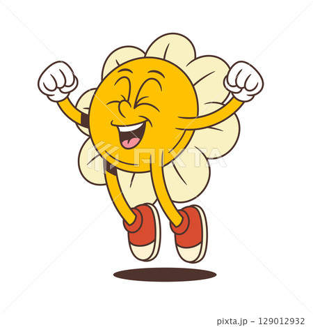 Retro Flower Character Jumping With Raised Arms And Big Smile In Happy Pose Vector Illustration Retro Flower Character Jumping With Raised Arms And Big Smile In Happy Pose Vector Illustration 129012932