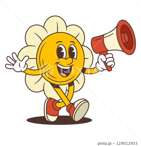 Flower Character Announcing With Megaphone In Confident And Lively Pose Vector Illustration 129012933