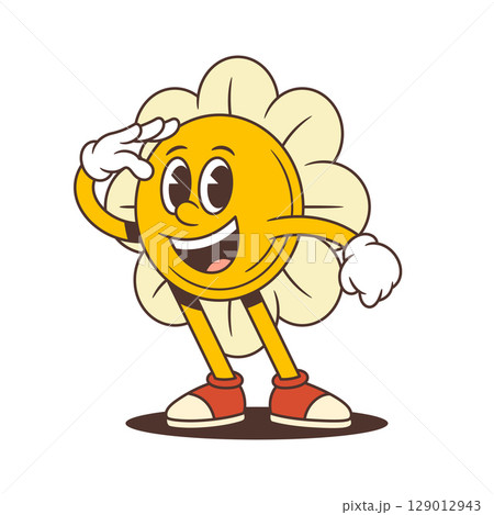 Retro Flower Character Saluting With Warm Smile And Friendly Respectful Gesture Vector Illustration 129012943