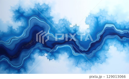 Soft Ink Inspired Flowing Watercolor Blue Scene 129013066