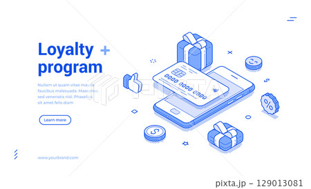 Loyalty program card payment online banking outline isometric web banner design template vector Loyalty program card payment online banking outline isometric web banner design template vector 129013081