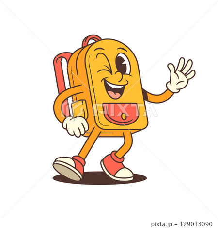Cheerful Cartoon Backpack Mascot Waving and Smiling with Confident Pose Vector Illustration 129013090