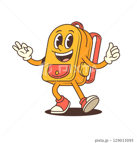 Cheerful Backpack Mascot Walking with Peace and Thumbs Up Gesture in Playful Pose Vector Illustration 129013095