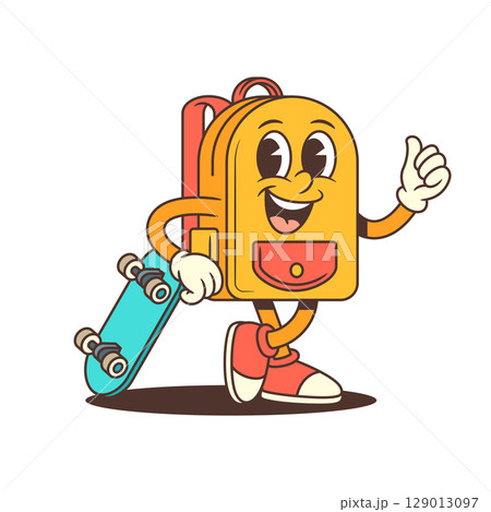 Energetic Backpack Mascot Holding Skateboard with Thumbs Up in Confident Pose Vector Illustration 129013097