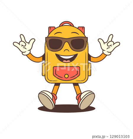 Backpack Mascot Wearing Sunglasses in Fun Celebratory Pose with Confident Smile Vector Illustration 129013103