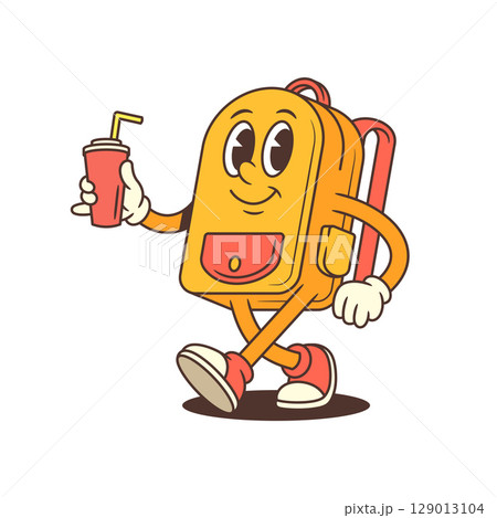 Relaxed Backpack Mascot with Drink and Cheerful Expression Summer Theme Vector Illustration Relaxed Backpack Mascot with Drink and Cheerful Expression Summer Theme Vector Illustration 129013104