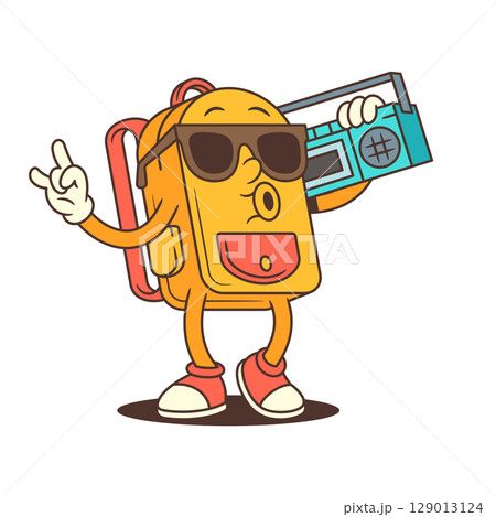Cool Backpack Mascot With Sunglasses and Boombox Striking a Fun Music Pose Vector Illustration 129013124