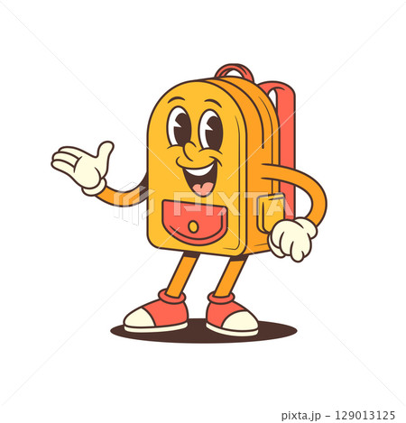 Cheerful Backpack Mascot With Outstretched Arm Greeting With Friendly Smile Vector Illustration 129013125