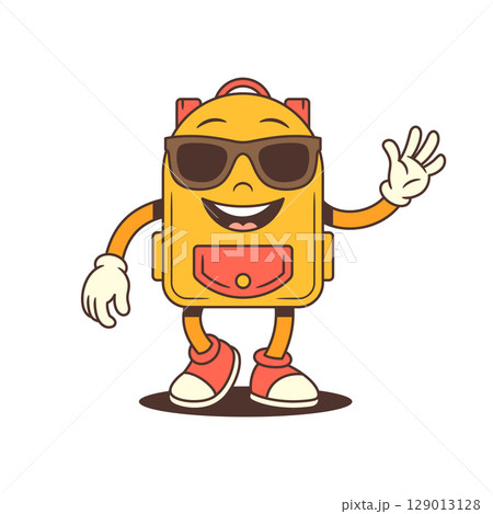 Welcoming Backpack Mascot Waving Hand And Smiling Warmly In Friendly Pose Vector Illustration 129013128