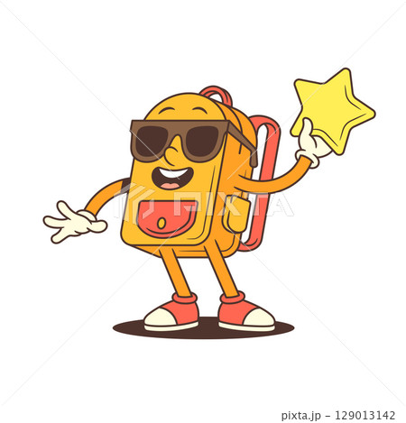 Backpack Mascot with Sunglasses Holding Star and Smiling Wide Vector Illustration 129013142