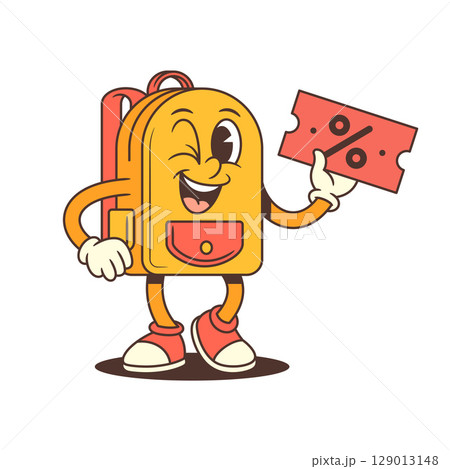 Excited Backpack Mascot Holding Ticket and Giving Thumbs Up Vector Illustration Excited Backpack Mascot Holding Ticket and Giving Thumbs Up Vector Illustration 129013148