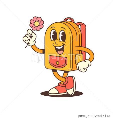 Backpack Mascot Holding Flower with Soft Smile in Gentle Friendly Pose Vector Illustration 129013158