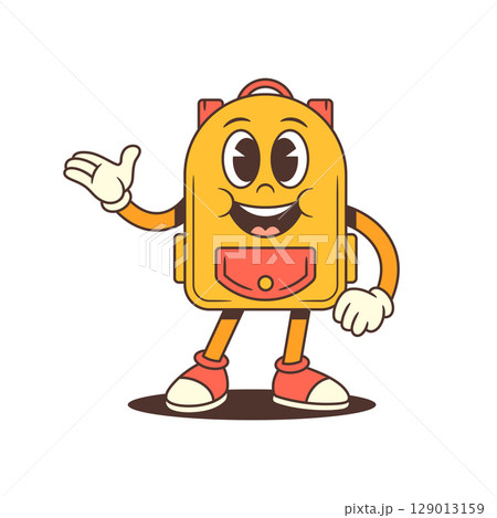 Welcoming Backpack Mascot Smiling with Arms Wide Open in Joyful Pose Vector Illustration Welcoming Backpack Mascot Smiling with Arms Wide Open in Joyful Pose Vector Illustration 129013159