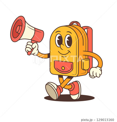 Backpack Mascot Shouting Through Megaphone with Confident Smile in Cartoon Style Vector Illustration 129013160
