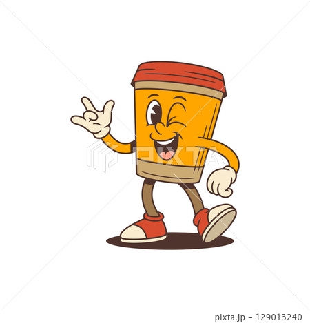 Lively Coffee Cup Mascot Winking And Making Rock On Gesture Walking Confidently Vector Illustration 129013240