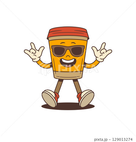 Energetic Coffee Cup Mascot Wearing Sunglasses Showing Rock On And Thumbs Up Gesture Vector Illustration Energetic Coffee Cup Mascot Wearing Sunglasses Showing Rock On And Thumbs Up Gesture Vector Illustration 129013274