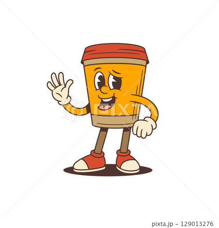 Cheerful Coffee Cup Mascot Waving Hand And Fist Showing Confidence Energetic Vector Illustration Cheerful Coffee Cup Mascot Waving Hand And Fist Showing Confidence Energetic Vector Illustration 129013276