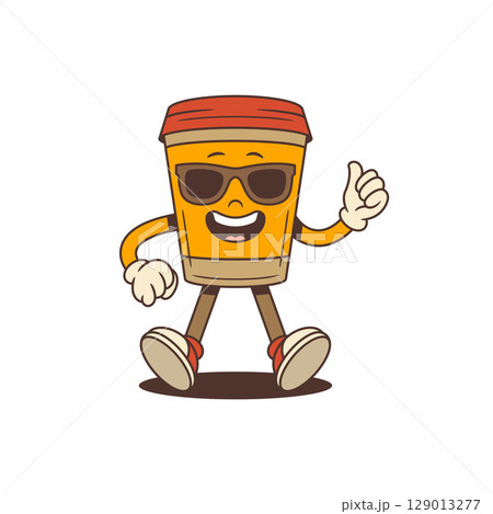 Cheerful Coffee Cup Mascot Wearing Sunglasses Showing Thumbs-Up And Fist Gesture Vector Illustration 129013277