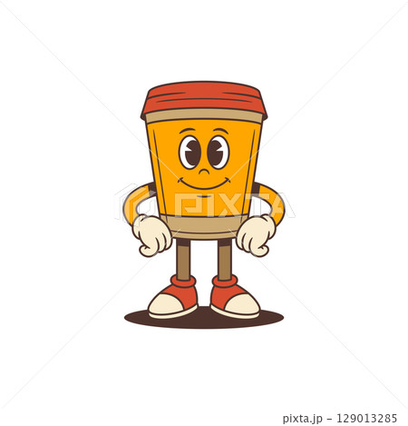 Confident Playful Coffee Cup Mascot Standing With Fists On Hips And Friendly Smile Vector Illustration Confident Playful Coffee Cup Mascot Standing With Fists On Hips And Friendly Smile Vector Illustration 129013285