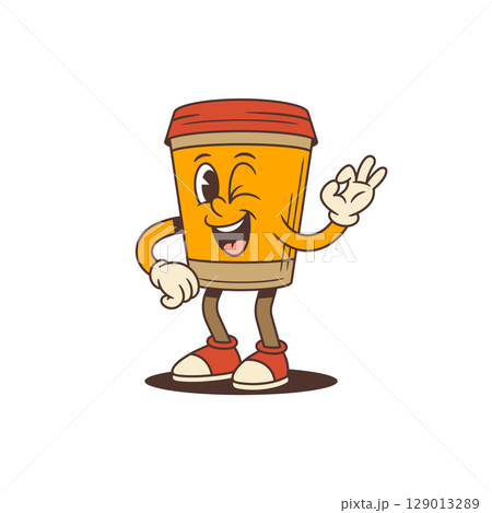 Cheerful Playful Coffee Cup Mascot Winking And Making Okay Gesture With Confident Smile Vector Illustration 129013289