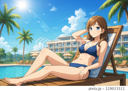 リゾートホテルのプールサイドでくつろぐ女性 129013311