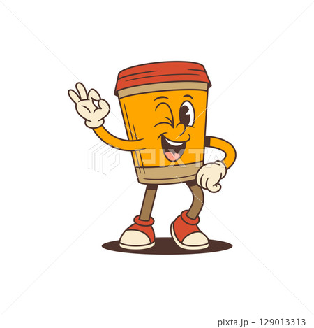 Playful Orange Coffee Cup Mascot With Red Lid Waving And Winking In Sneakers Vector Illustration 129013313