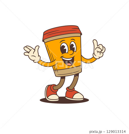Confident Coffee Cup Mascot With Raised Finger And Welcoming Gesture In Sneakers Vector Illustration 129013314