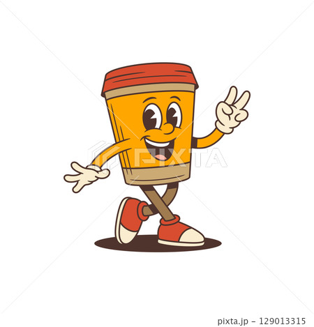 Happy Orange Coffee Cup Mascot Walking With Peace Sign And Outstretched Hand In Sneakers Vector Illustration 129013315