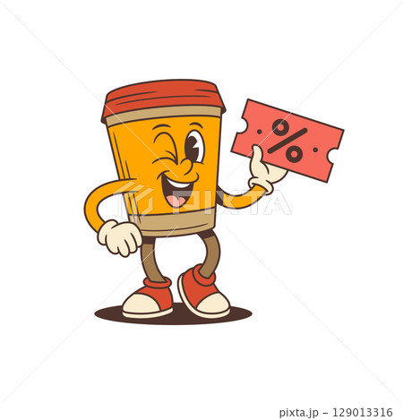 Cheerful Orange Coffee Cup Mascot Winking And Holding Discount Ticket In Sneakers Vector Illustration 129013316