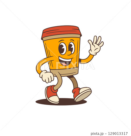 Cheerful Orange Coffee Cup Mascot Walking With Peace Sign And Confident Casual Pose Vector Illustration 129013317